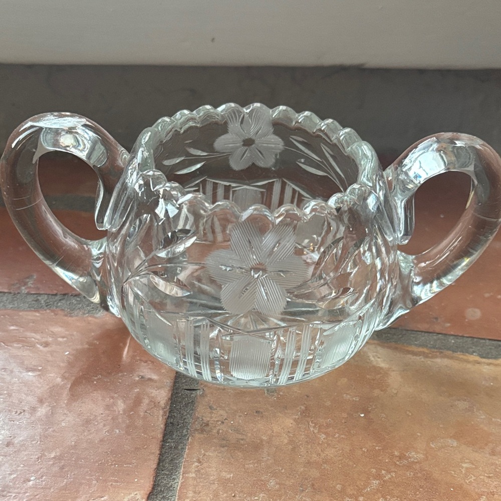 Etched Glass Double-Handled Sugar Bowl - Clear Floral Design